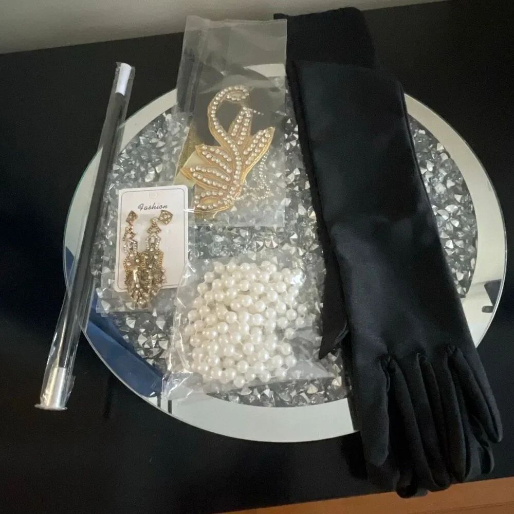 Brand new 1920s-1930s flappers accessories gloves, head band, necklace, cigar
